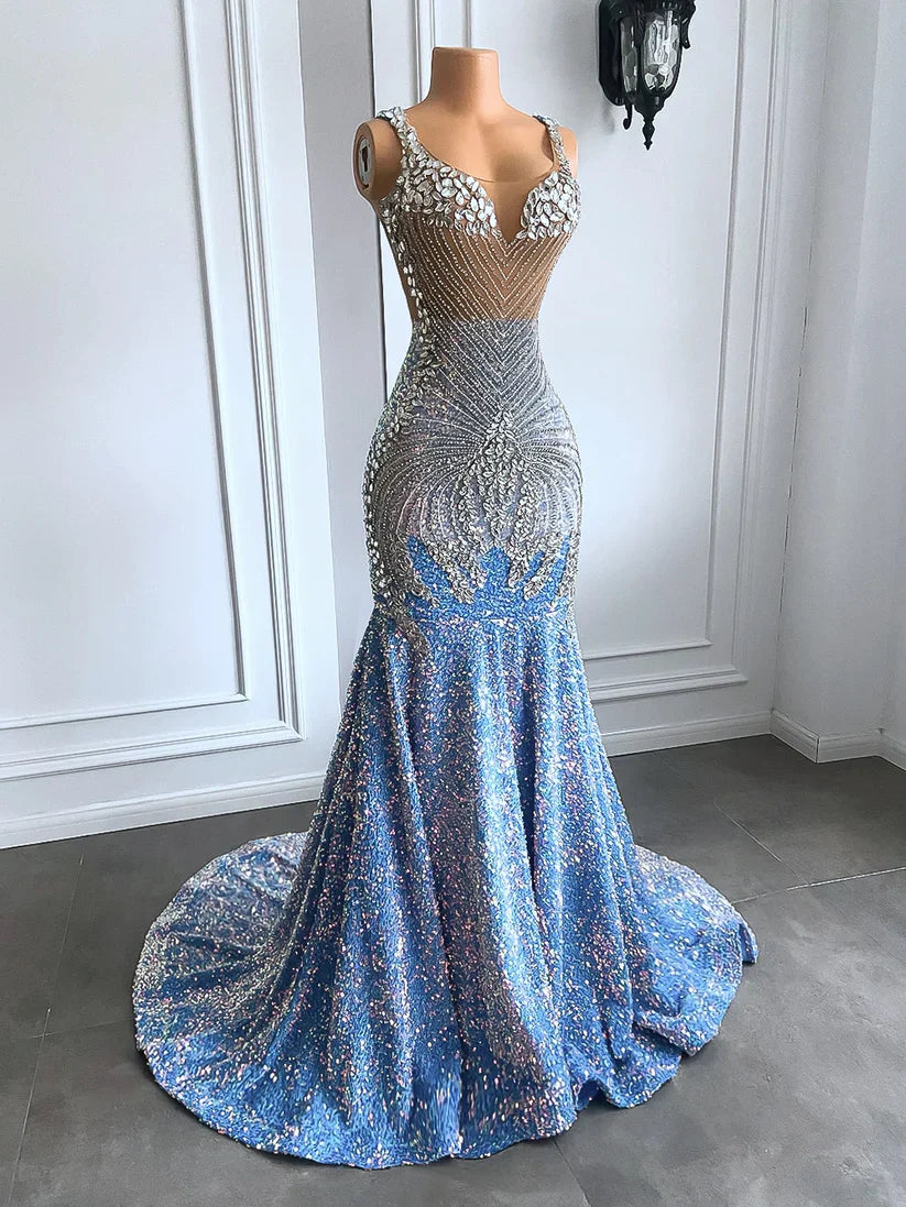 Light Blue Luxury Long Ball Gown Sparkling Mermaid Style Silver Crystal Prom Party Dress Evening Gown nv2000