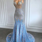 Light Blue Luxury Long Ball Gown Sparkling Mermaid Style Silver Crystal Prom Party Dress Evening Gown nv2000