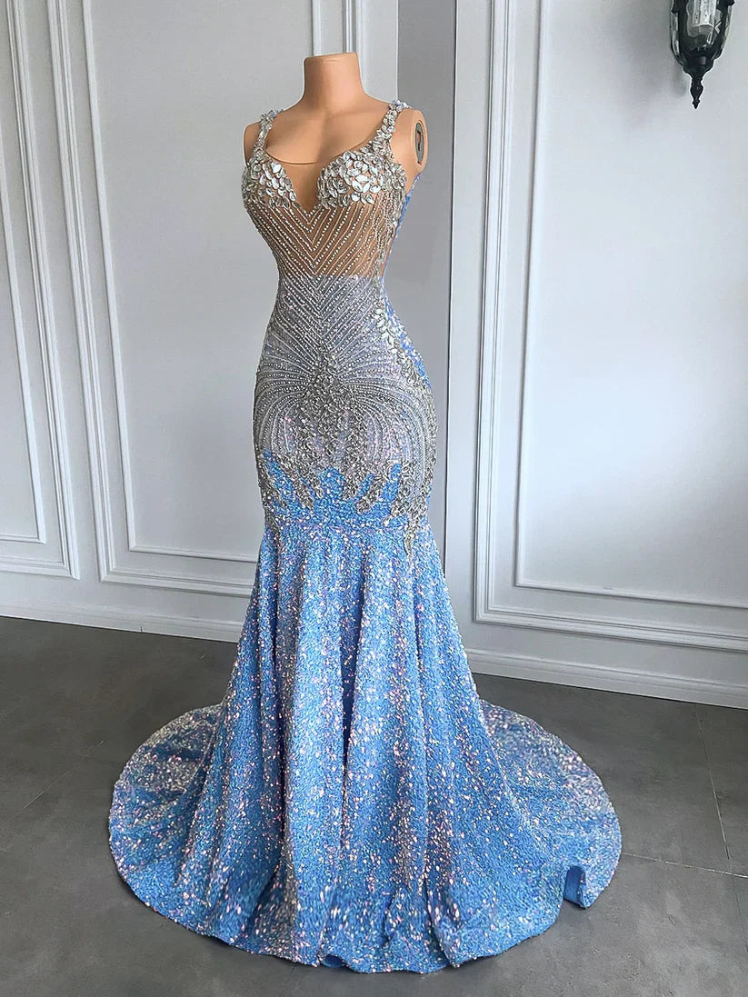 Light Blue Luxury Long Ball Gown Sparkling Mermaid Style Silver Crystal Prom Party Dress Evening Gown nv2000