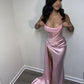 Robe de soirée longue moulante rose élégante sans bretelles avec fente haute nv1061