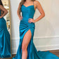 Blue Satin Ruffled Long Ball Gown with Slit Straps  nv1707