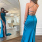 Blue Satin Ruffled Long Ball Gown with Slit Straps  nv1707