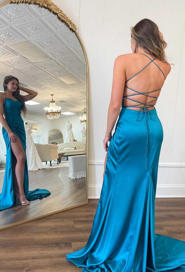 Blue Satin Ruffled Long Ball Gown with Slit Straps  nv1707