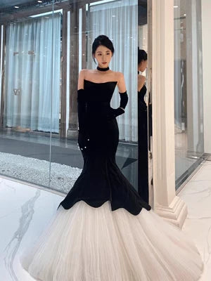 Black Luxury Mermaid Velvet Evening Gown Long Ball Gown with Gloves Evening Dress Party Dress nv2272