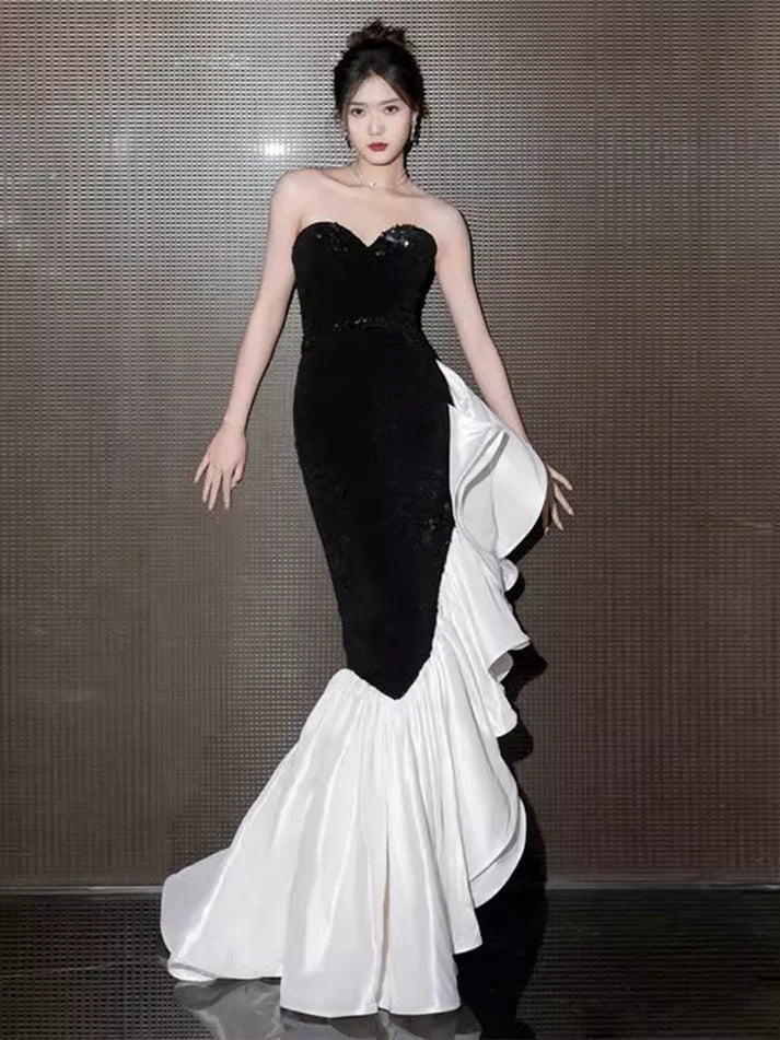 Robe de soirée longue en satin noir et blanc élégante sirène chérie robe de soirée nv2318