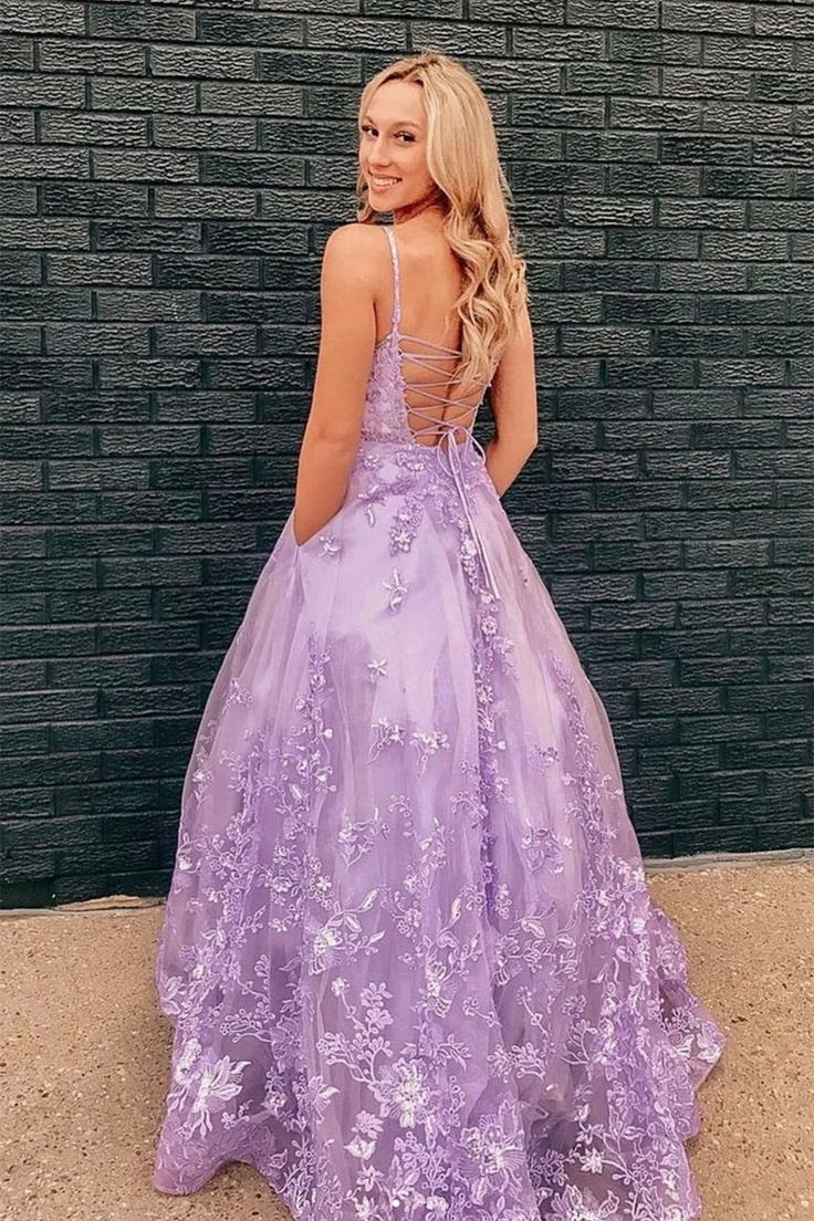 Open Back Purple Lace Floral Long Prom Dresses nv1318