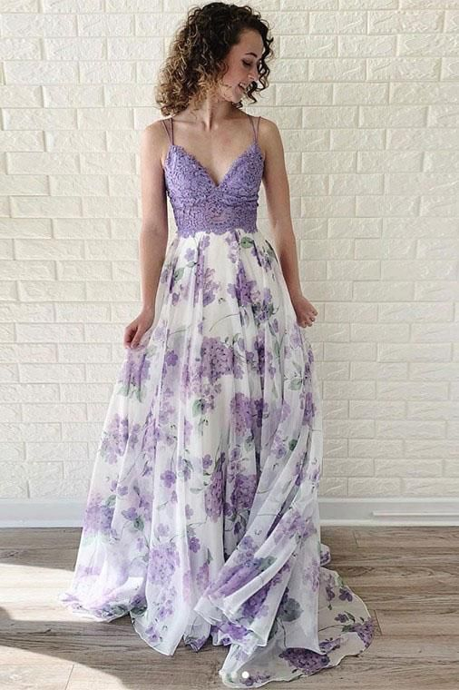 Lavender Spaghetti Straps V Neck Floral Chiffon Prom Dress nv1320