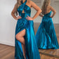 Peacock Blue Halter Neck A-Line Long Prom Dress With Split  nv1638