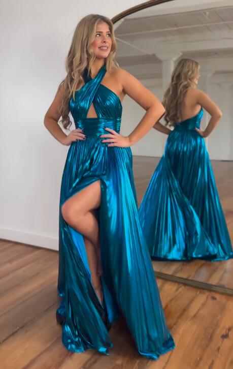 Peacock Blue Halter Neck A-Line Long Prom Dress With Split  nv1638