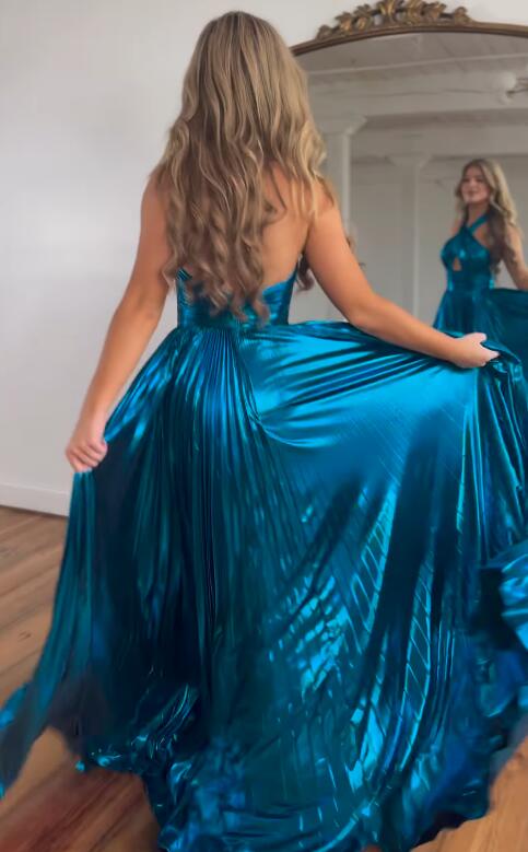 Peacock Blue Halter Neck A-Line Long Prom Dress With Split  nv1638