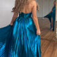 Peacock Blue Halter Neck A-Line Long Prom Dress With Split  nv1638