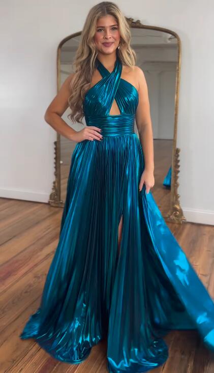 Peacock Blue Halter Neck A-Line Long Prom Dress With Split  nv1638