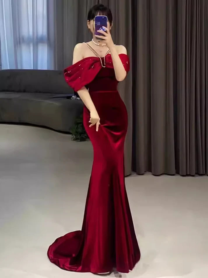 Red strapless velvet party dress long mermaid tail slim ball gown evening dress nv3090