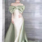 White off-shoulder green short-sleeved satin green bow mermaid white satin long ball gown evening dress party dress nv2529