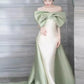 White off-shoulder green short-sleeved satin green bow mermaid white satin long ball gown evening dress party dress nv2529