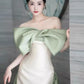 White off-shoulder green short-sleeved satin green bow mermaid white satin long ball gown evening dress party dress nv2529