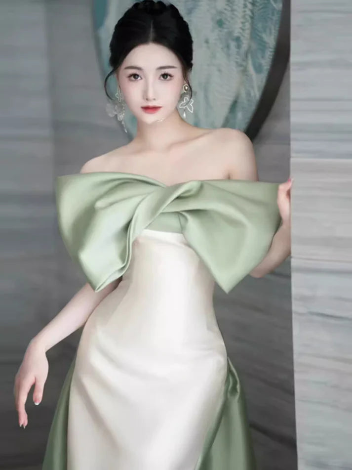 White off-shoulder green short-sleeved satin green bow mermaid white satin long ball gown evening dress party dress nv2529