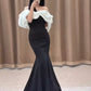 Black off-shoulder white short-sleeved satin mermaid black satin long ball gown evening dress party dress nv2528