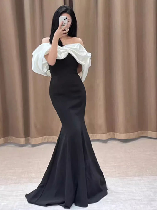 Black off-shoulder white short-sleeved satin mermaid black satin long ball gown evening dress party dress nv2528