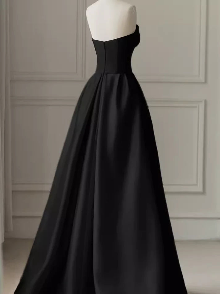 Black simple elegant A-line off-shoulder long satin ball gown evening dress party dress nv2563