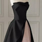 Black simple elegant A-line off-shoulder long satin ball gown evening dress party dress nv2563