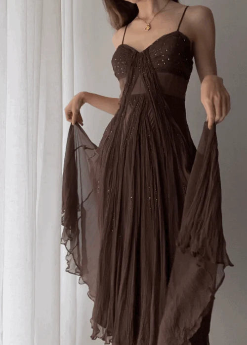 Vintage A Line Straps Floor Length Brown Prom Dresses nv1696