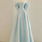 Simple A line Off the Shoulder Blue Satin Long Prom Dresses nv1716