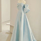 Simple A line Off the Shoulder Blue Satin Long Prom Dresses nv1716