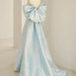 Simple A line Off the Shoulder Blue Satin Long Prom Dresses nv1716