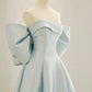 Simple A line Off the Shoulder Blue Satin Long Prom Dresses nv1716