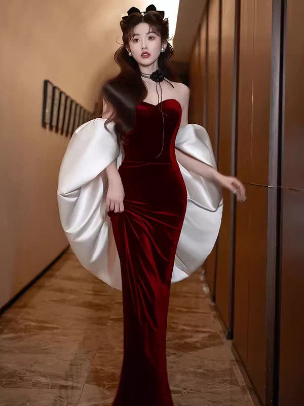 Burgundy Fashion Elegant Sweetheart Neck Long Velvet Mermaid Off-shoulder Ball Gown Evening Dress nv3654