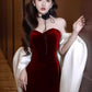 Burgundy Fashion Elegant Sweetheart Neck Long Velvet Mermaid Off-shoulder Ball Gown Evening Dress nv3654