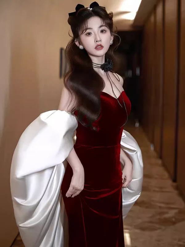 Burgundy Fashion Elegant Sweetheart Neck Long Velvet Mermaid Off-shoulder Ball Gown Evening Dress nv3654