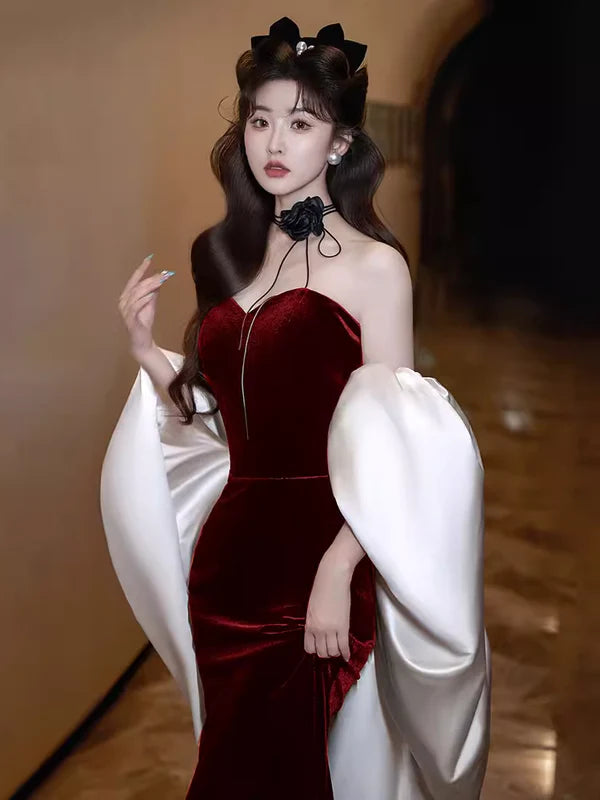 Burgundy Fashion Elegant Sweetheart Neck Long Velvet Mermaid Off-shoulder Ball Gown Evening Dress nv3654