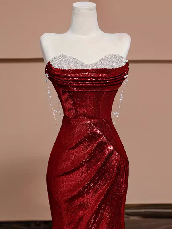 Burgundy shiny sexy long elegant sequined mermaid slim fishtail ball gown evening dress nv3406