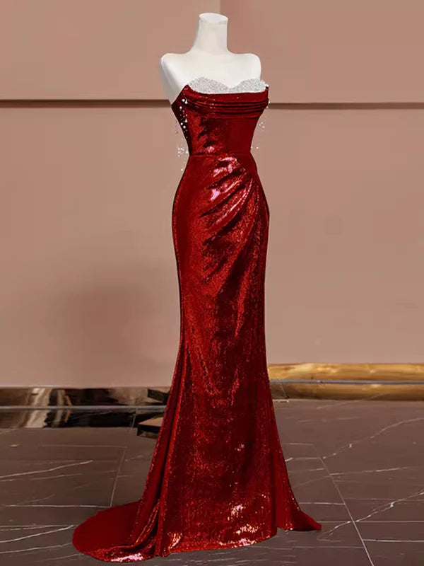 Burgundy shiny sexy long elegant sequined mermaid slim fishtail ball gown evening dress nv3406