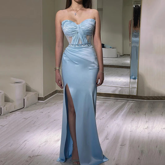 Blue Bodycon Sweetheart Draped Long Formal Prom Gown Evening Dress nv1758