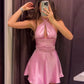 Pink Elegant Satin Halter Hollow Mini Dress Backless Sleeveless Fitted Party Dress Evening Gown Homecoming Dress nv1880