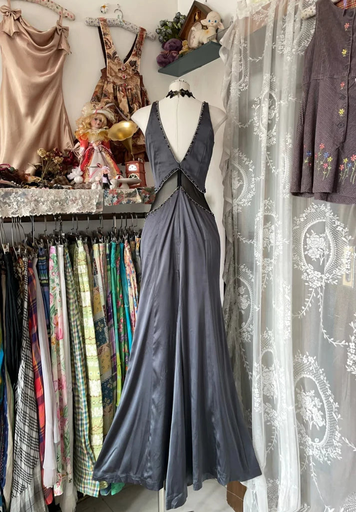 Gray Vintage Elegant Fashion V-neck Exquisite Beading Long Satin Ball Gown Evening Dress Party Dress nv3563