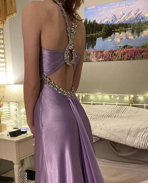 Charming Purple Satin Beaded Long Prom Gown Evening Gown Party Dress nv2229