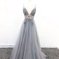 A Line V Neck Grey Beaded Long Prom Dress with Split,Formal Dresses nv1577