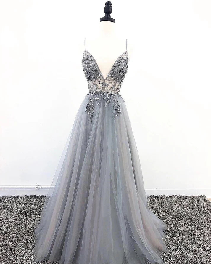 A Line V Neck Grey Beaded Long Prom Dress with Split,Formal Dresses nv1577