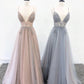 A Line V Neck Grey Beaded Long Prom Dress with Split,Formal Dresses nv1577