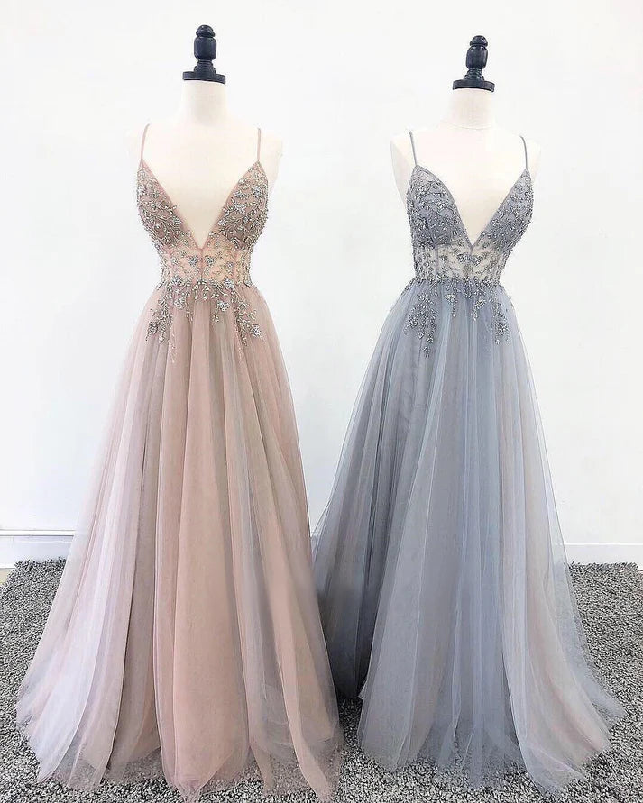 A Line V Neck Grey Beaded Long Prom Dress with Split,Formal Dresses nv1577