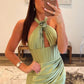 Sage Green Satin Mermaid Halter Short Homecoming Dress nv1928