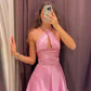 Pink Elegant Satin Halter Hollow Mini Dress Backless Sleeveless Fitted Party Dress Evening Gown Homecoming Dress nv1880