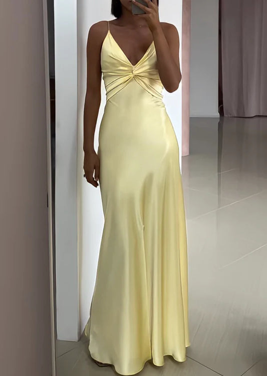 Lemon Yellow Extraordinary Charm Satin Halter Long Dress Spaghetti Straps Elegant Evening Dress Ball nv1667