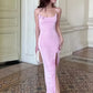 Pink Rose Sexy Suspender Backless Long Dress Women Fashion High Waist Slim Slit Sleeveless Robe Evening Dress Misunderstanding Dress nv1865