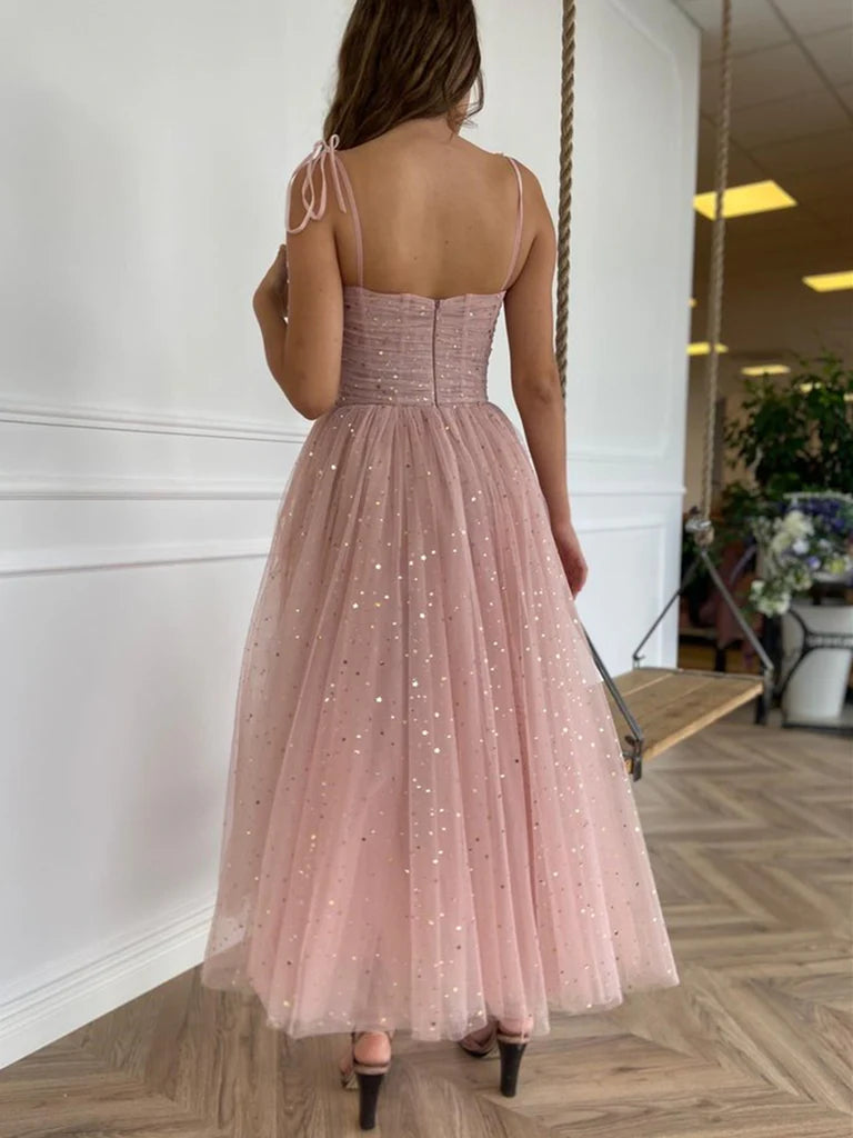 Spaghetti Straps Sequins Pink Tea Length Prom Dresses, Shiny Sequins Pink Homecoming Dresses, Pink Formal Evening Dresses nv1513