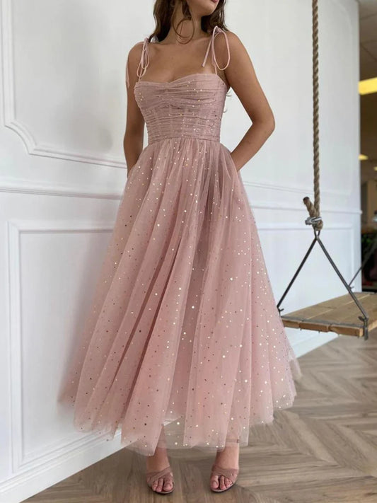 Spaghetti Straps Sequins Pink Tea Length Prom Dresses, Shiny Sequins Pink Homecoming Dresses, Pink Formal Evening Dresses nv1513